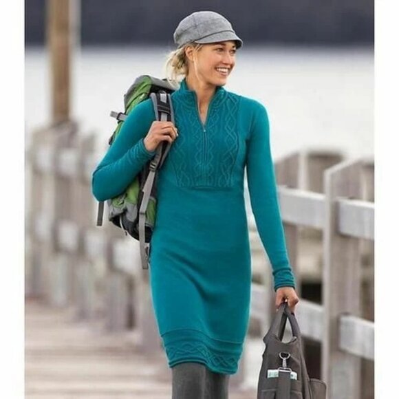 Athleta Dresses & Skirts - S NWOT Athleta Teal Sawtooth Organic Cotton Soft Cable Knit Boho Sweater Dress